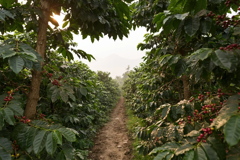 Narrow dirt path between rows of coffee plants in a shaded farm field at dawn