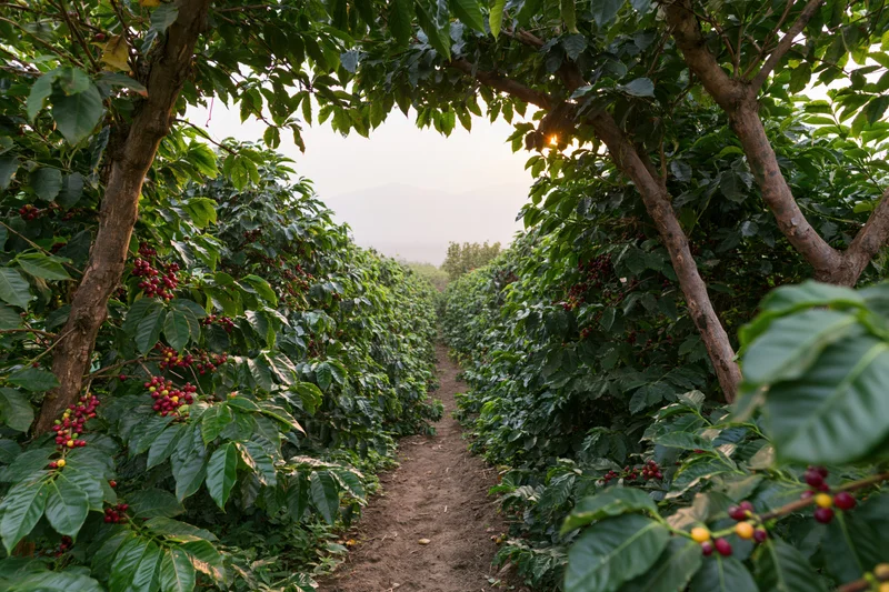 Narrow dirt path between rows of coffee plants in a farm at sunrise