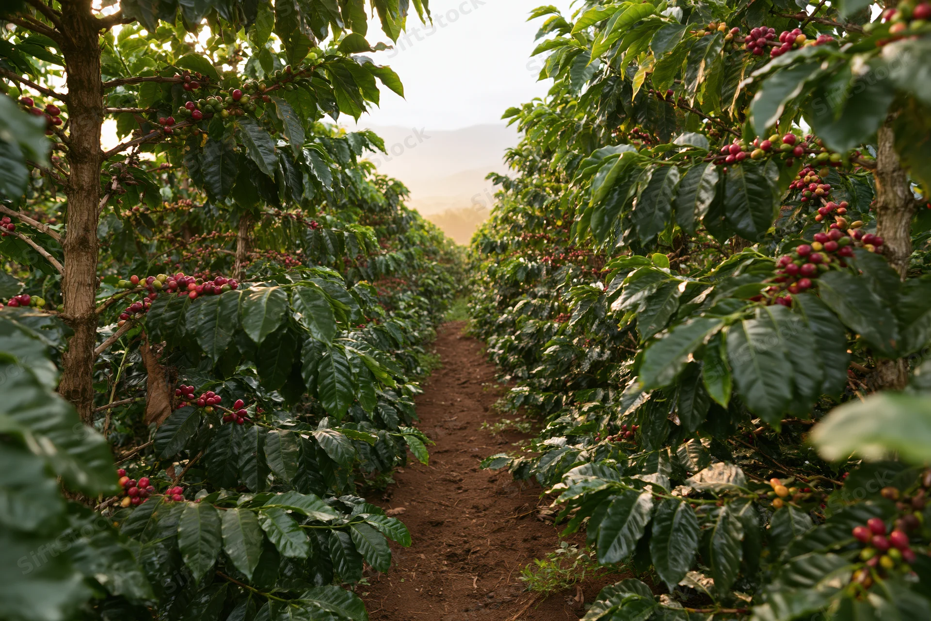 Narrow dirt path between rows of coffee plants with red and green berries in a rural plantation at sunrise