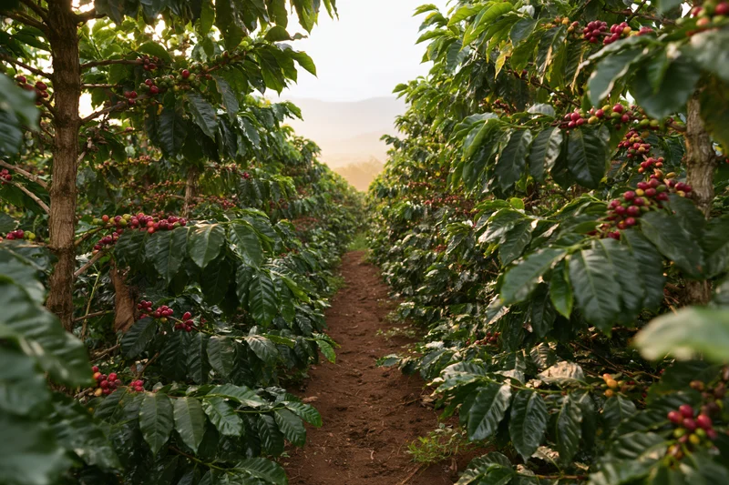 Narrow dirt path between rows of coffee plants with red and green berries in a rural plantation at sunrise