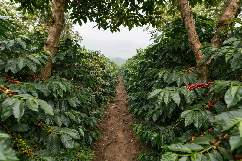Narrow dirt path between rows of coffee plants in a shaded farm field