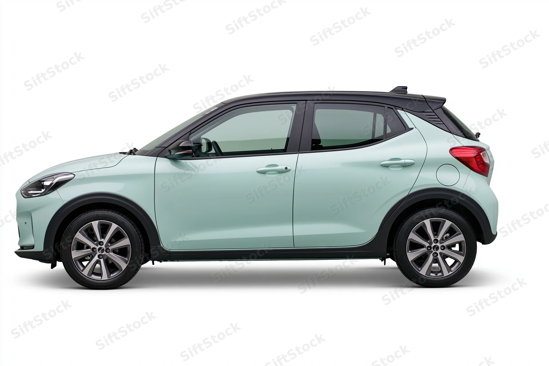 Pale mint green compact hatchback shown in side profile against white background