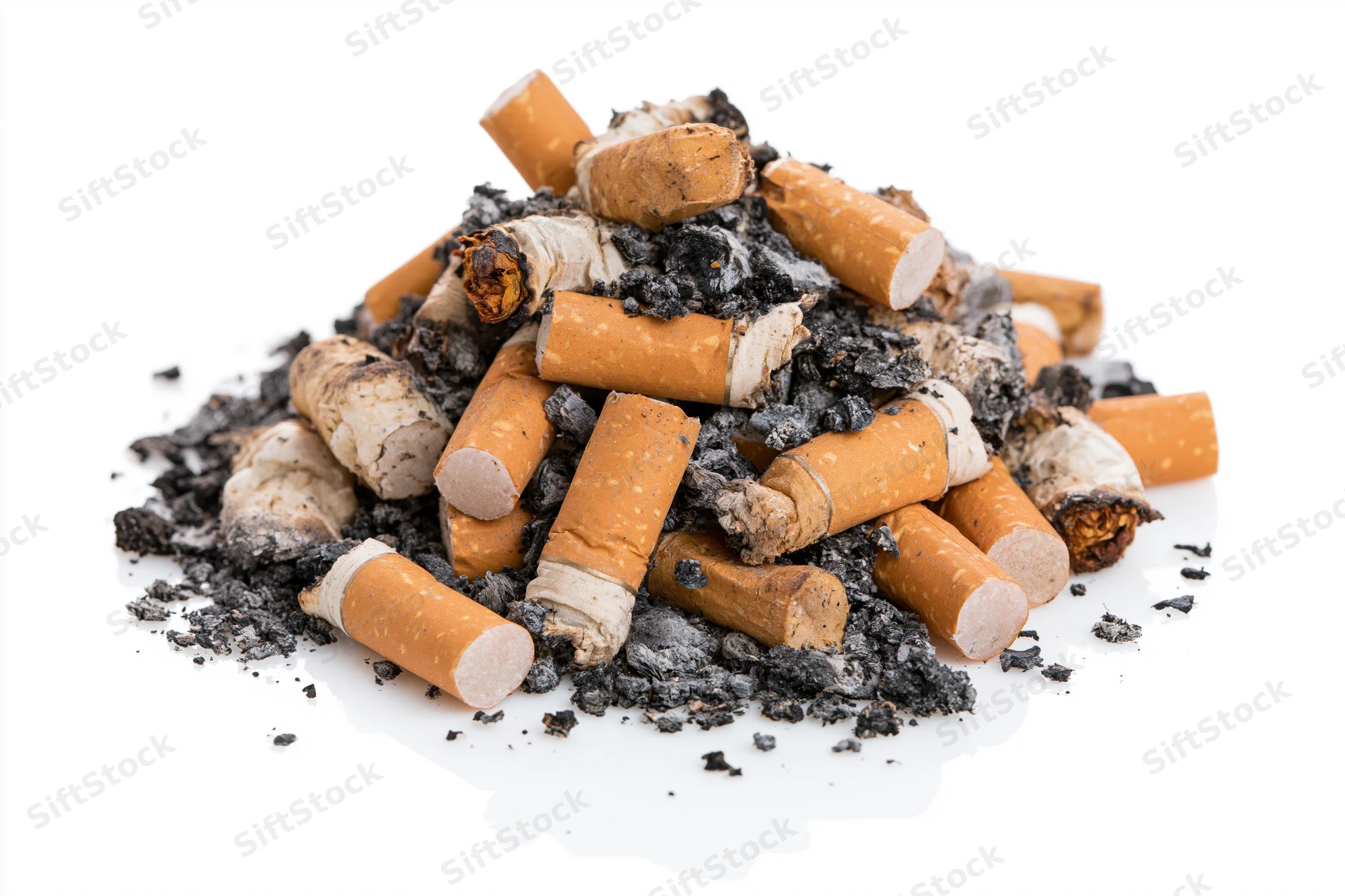 Pile of used cigarette butts and ash on white background