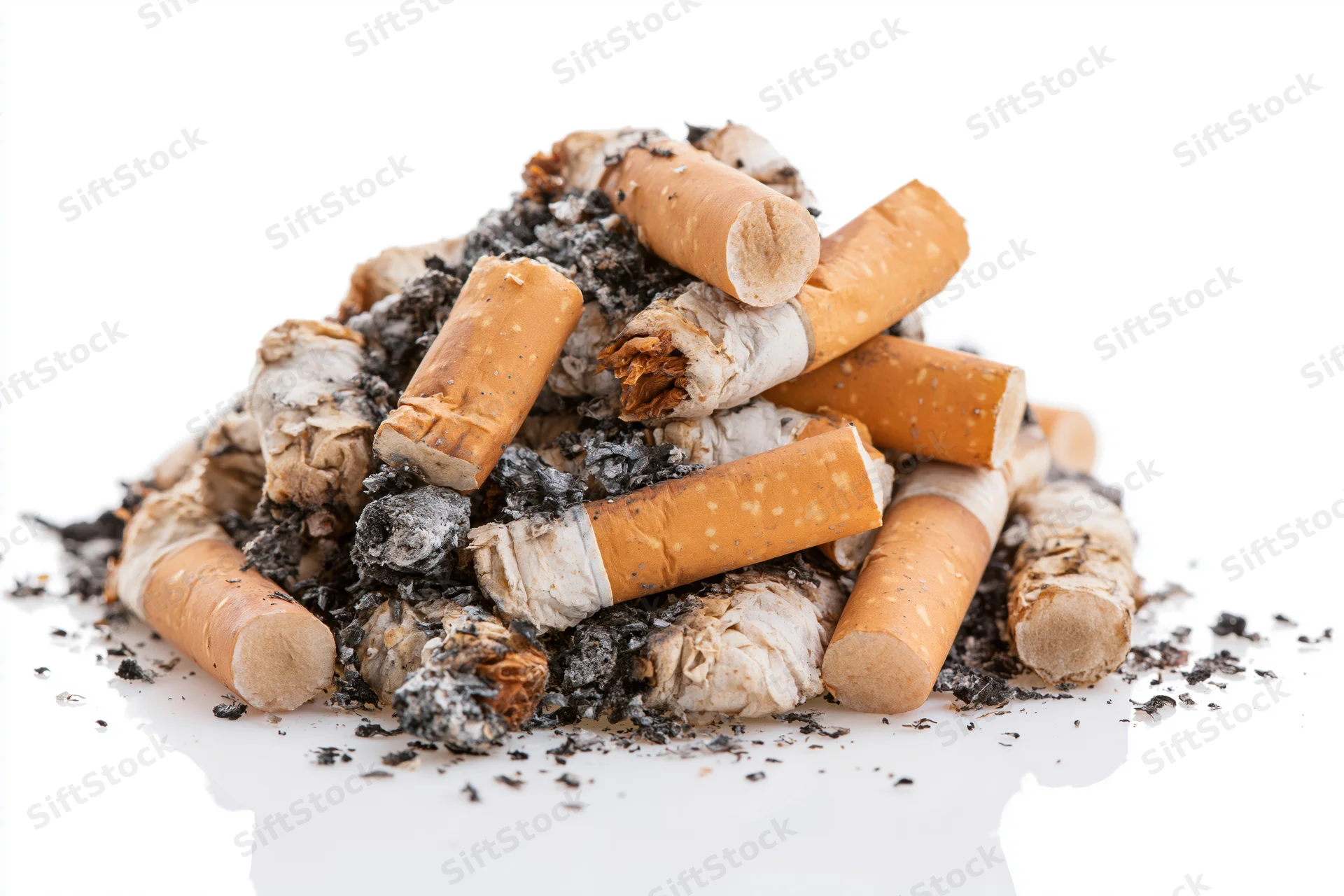 Pile of used cigarette butts with ash and tobacco residue on white background