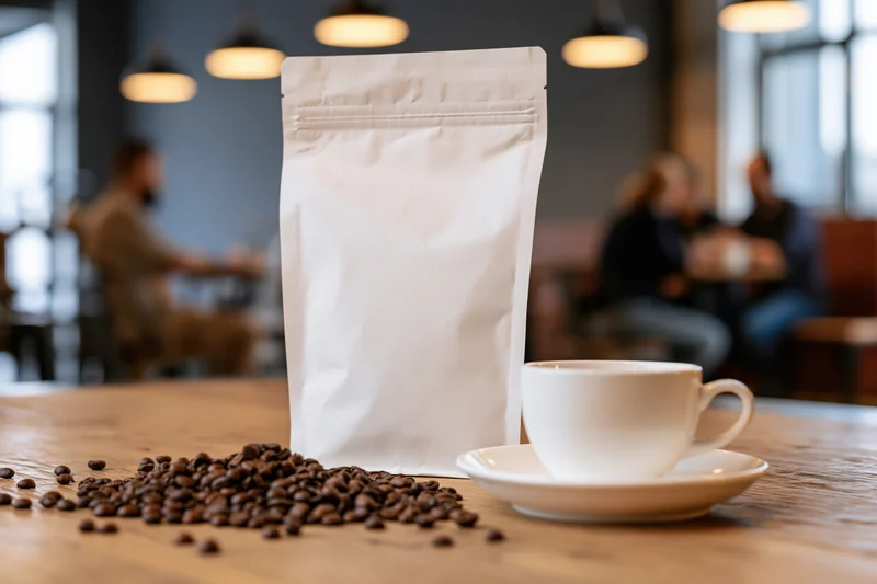 White coffee bag pouch standing next to a cup and saucer with scattered beans on a wooden table in a cafe interior