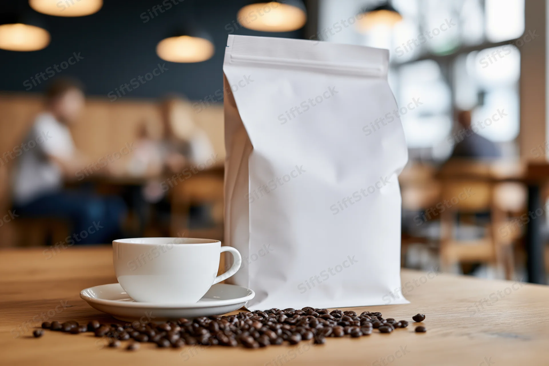 White coffee bag with cup and beans on wooden table in cafe interior