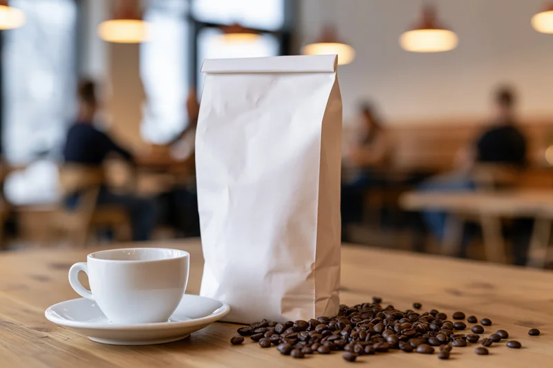 White coffee bag with scattered beans and cup on wooden table in cafe interior