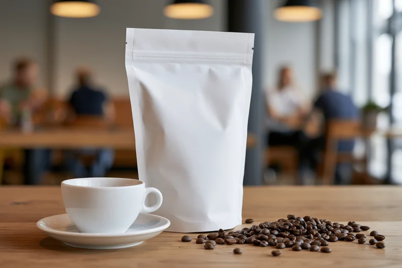 White coffee bag with cup and beans on wooden table in cafe interior