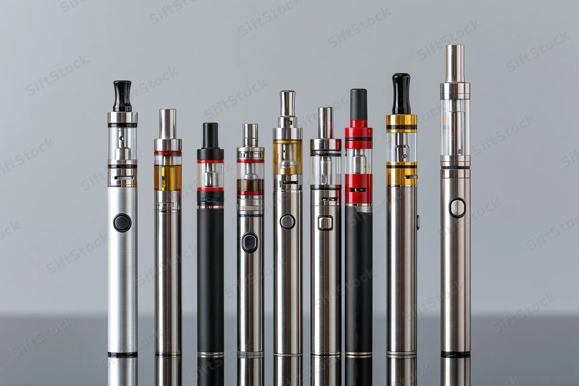Eight vape pens and e-cigarettes standing upright in a row on a reflective gray surface