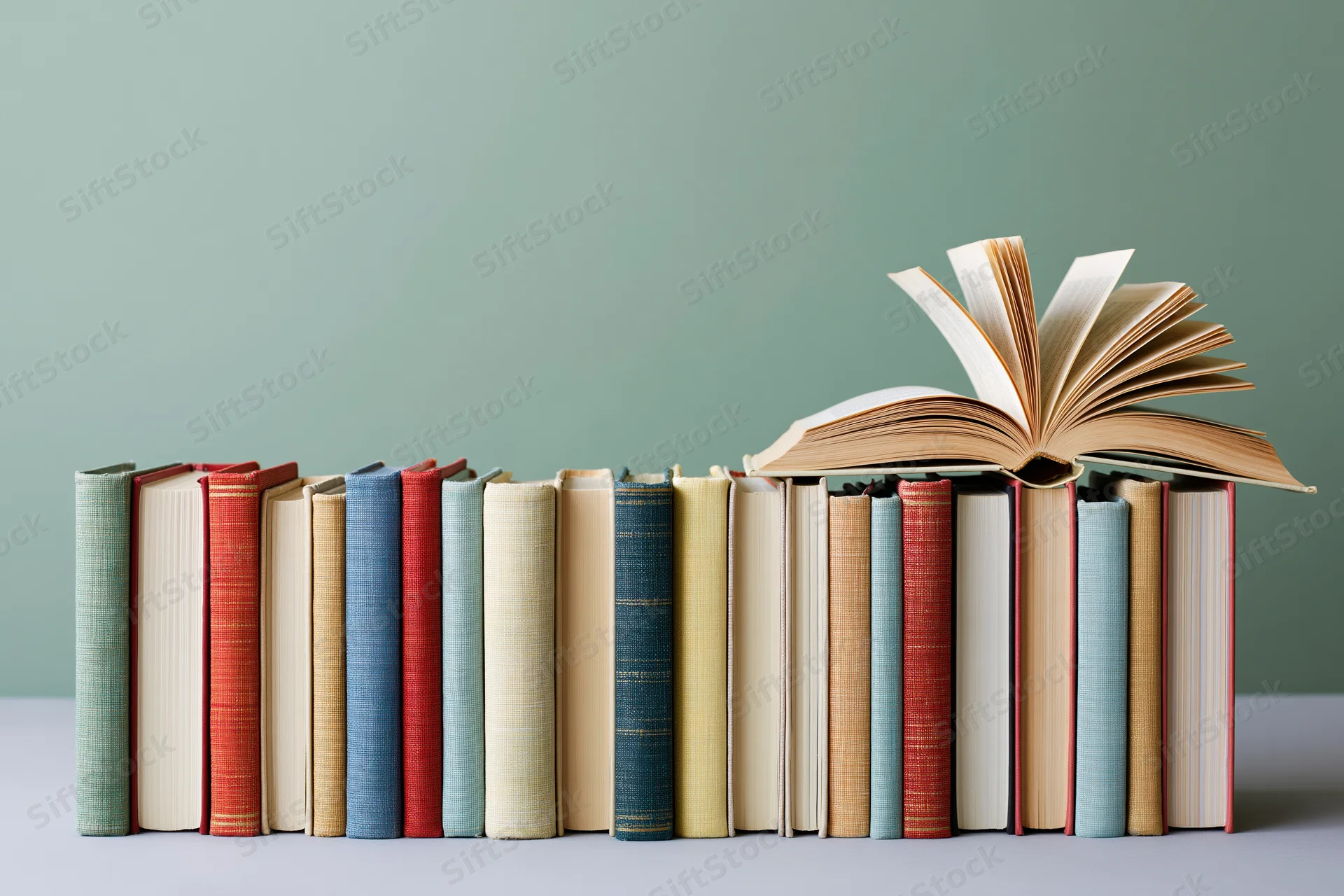 Row of hardcover books standing upright with spines facing forward, one open on top