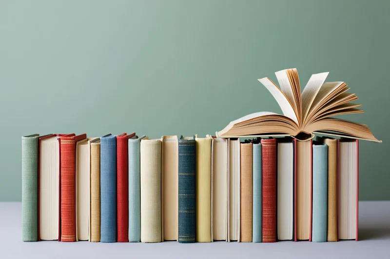 Row of hardcover books standing upright with spines facing forward, one open on top
