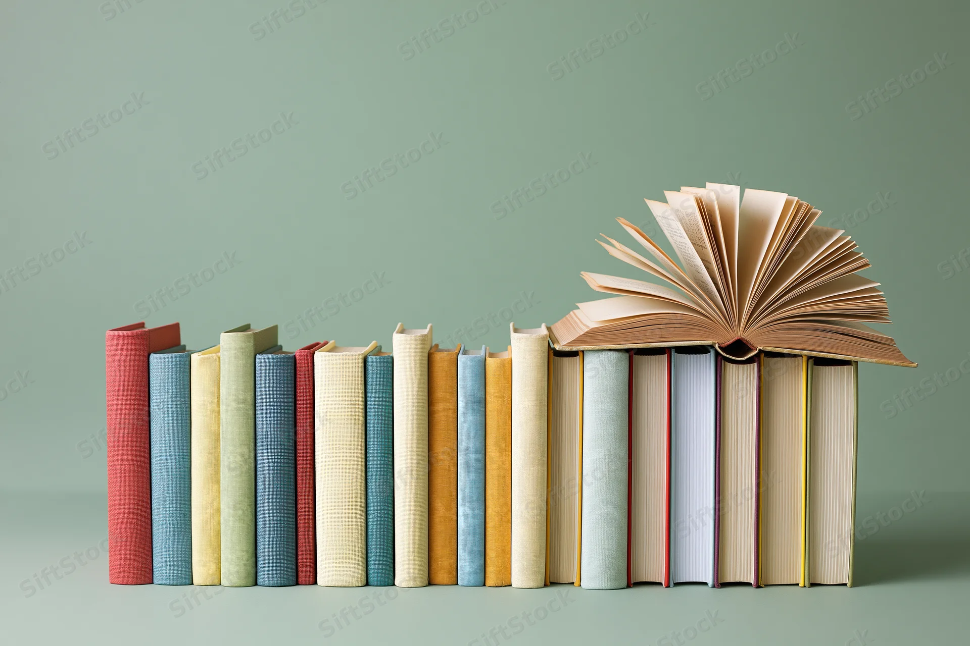 Row of hardcover books standing upright with one open at the end on a mint green background