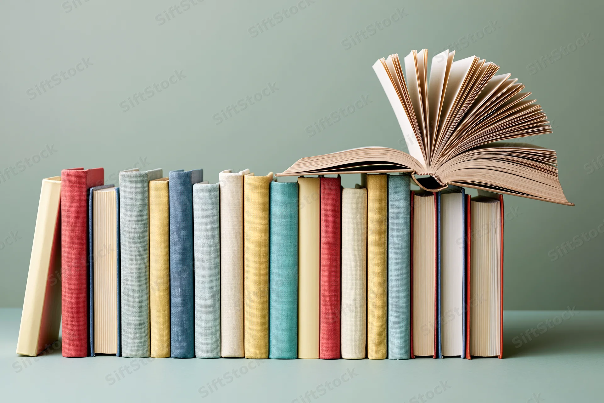 Row of hardcover books standing upright with one open on top against a mint green background