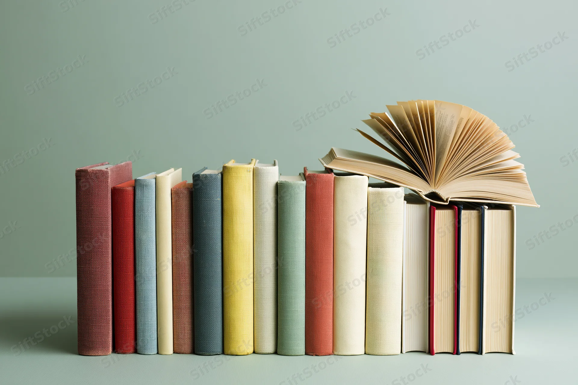 Row of hardcover books standing upright with one open on top against a muted green background