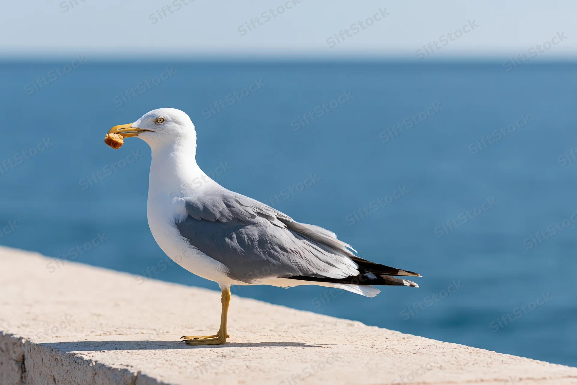 Seagull holding food scrap in beak on stone ledge by ocean