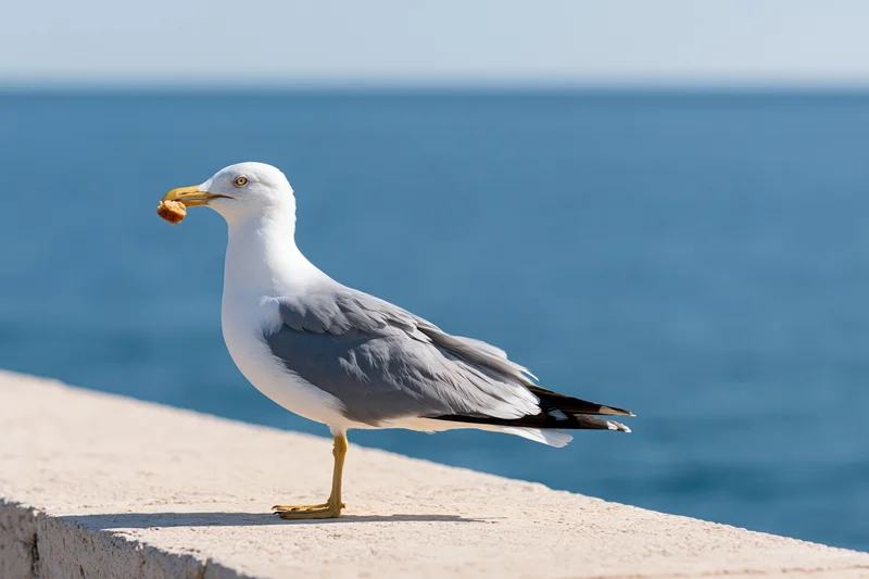 Seagull holding food scrap in beak on stone ledge by ocean