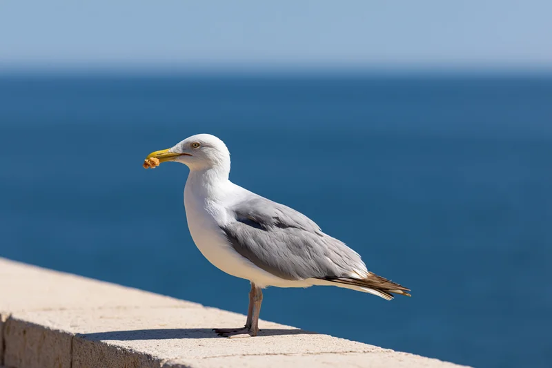 Seagull perched on stone ledge holding food scrap with ocean in background