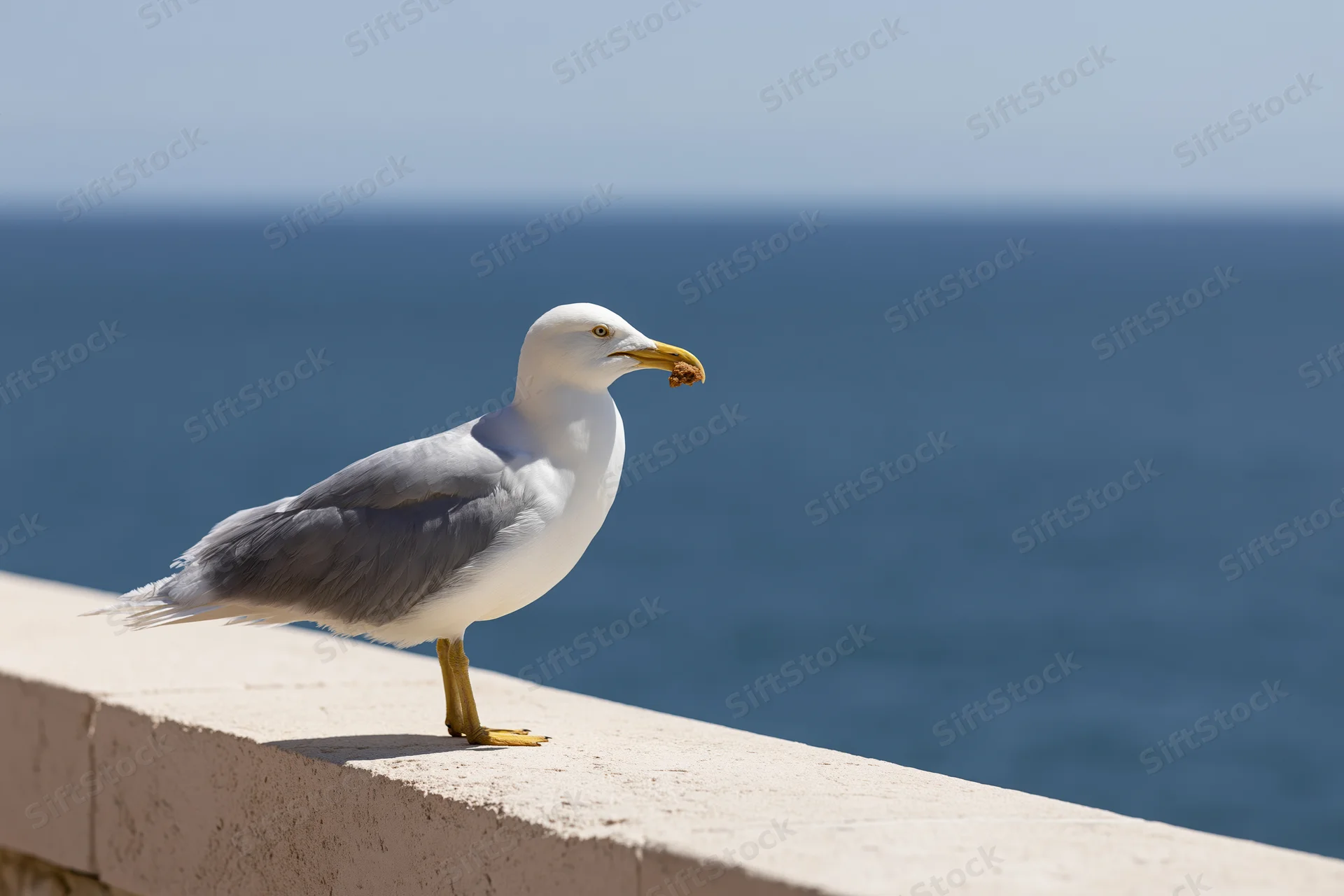 Seagull perched on stone ledge holding food scrap by ocean