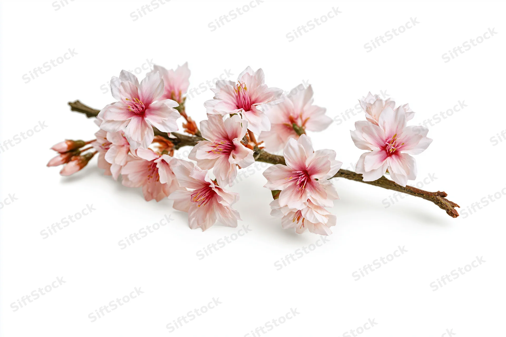 Cherry blossom branch with soft pink blooms isolated on white background
