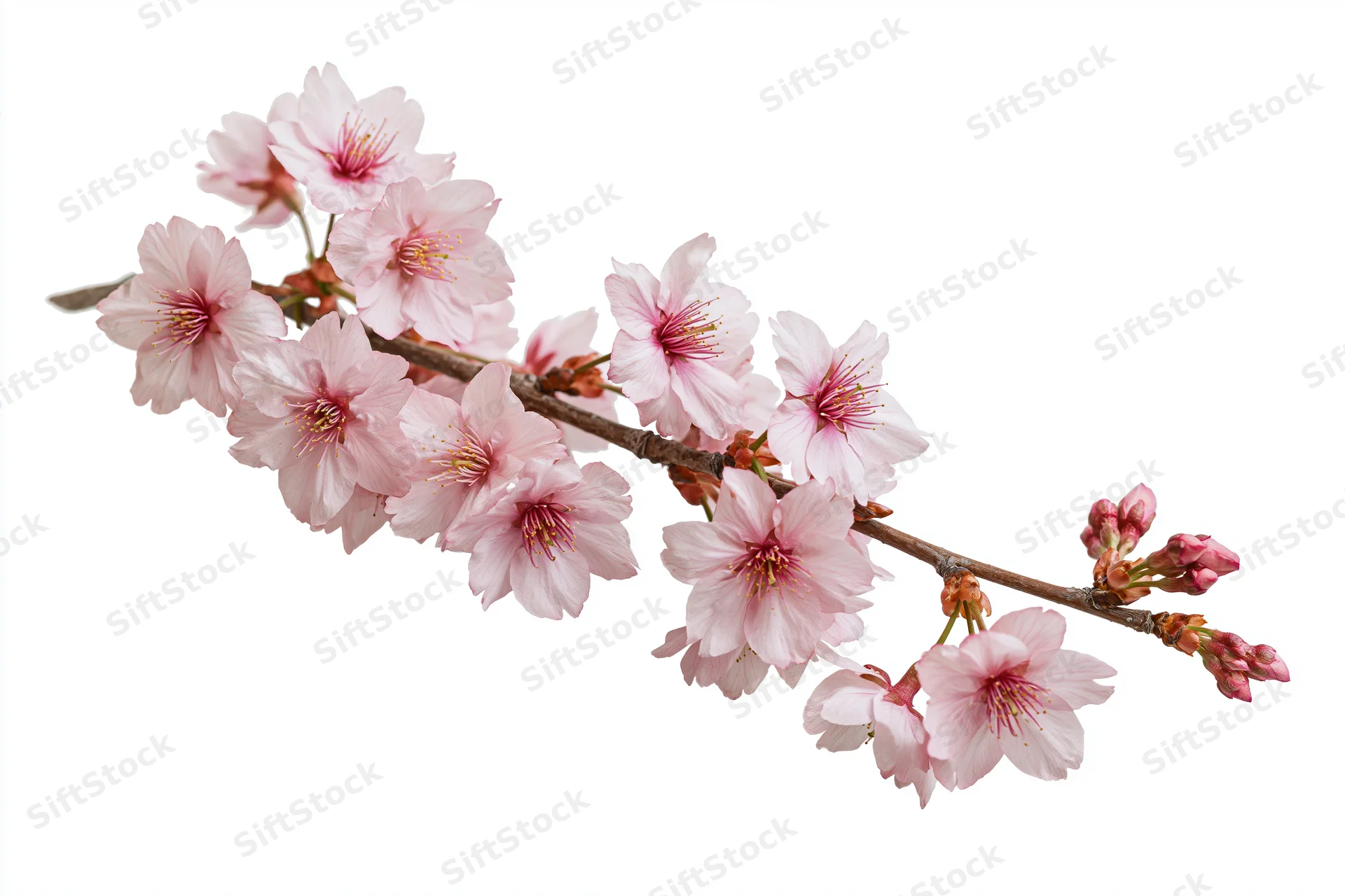 Cherry blossom branch with soft pink blooms isolated on white background