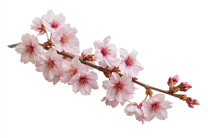 Cherry blossom branch with soft pink blooms isolated on white background