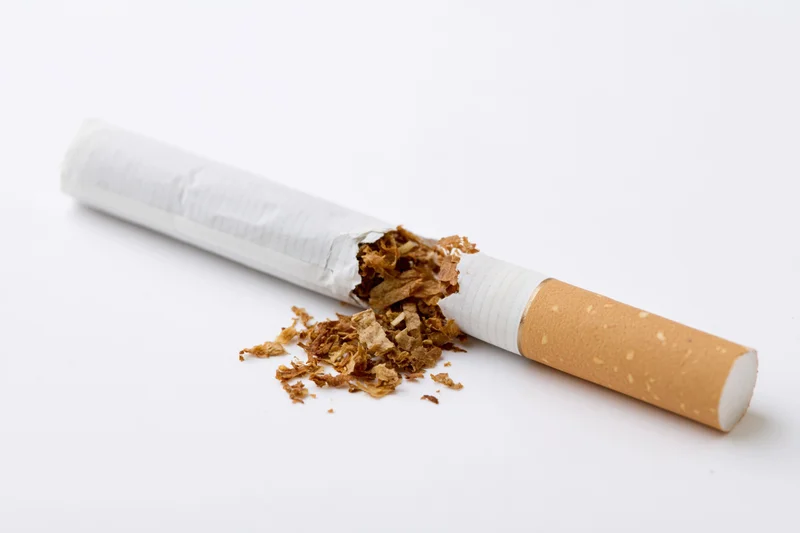 Broken cigarette snapped in half with loose tobacco spilling out on white background