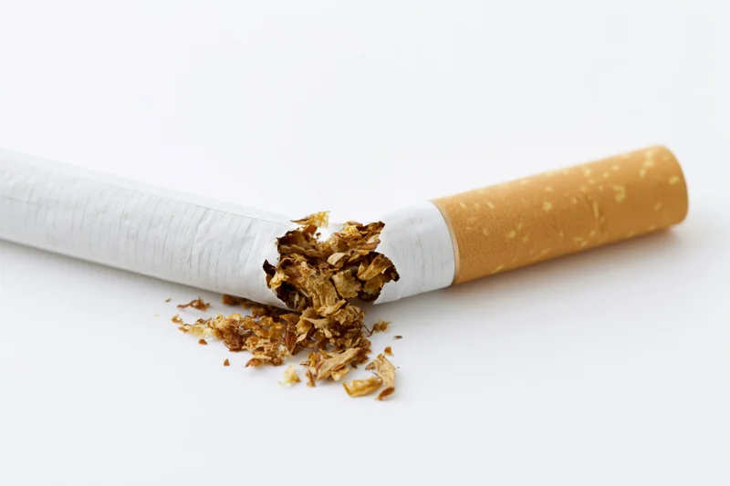 Broken cigarette snapped in half with tobacco spilling out on white background