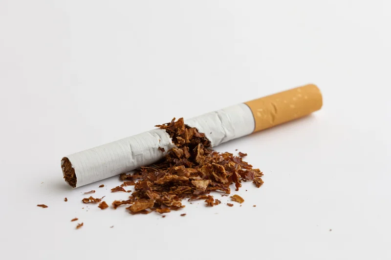 Broken cigarette with shredded tobacco spilled on white surface