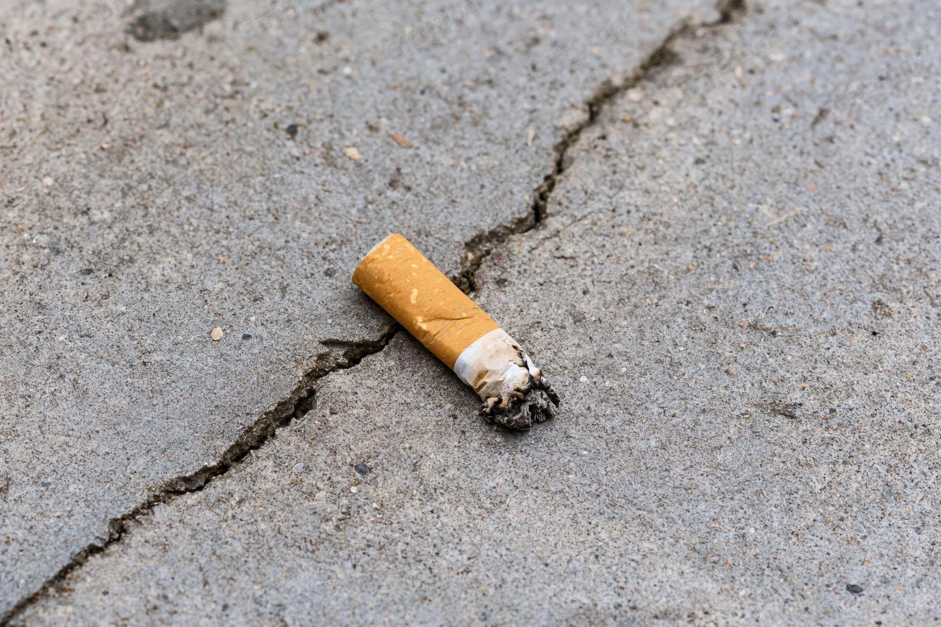 Extinguished cigarette butt lying on cracked concrete pavement