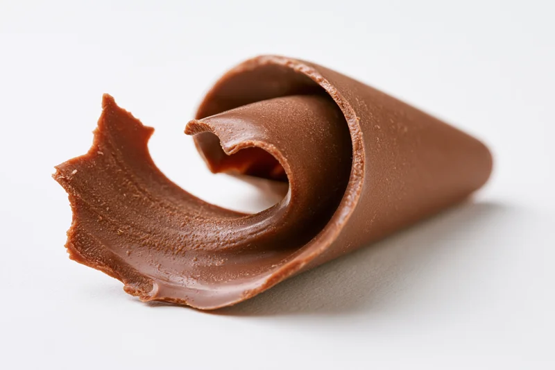Milk chocolate curl shaving on a white background