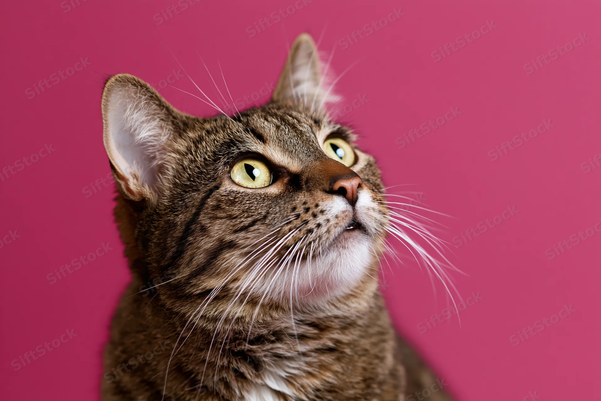 Tabby cat looking upward with wide alert yellow-green eyes against pink background