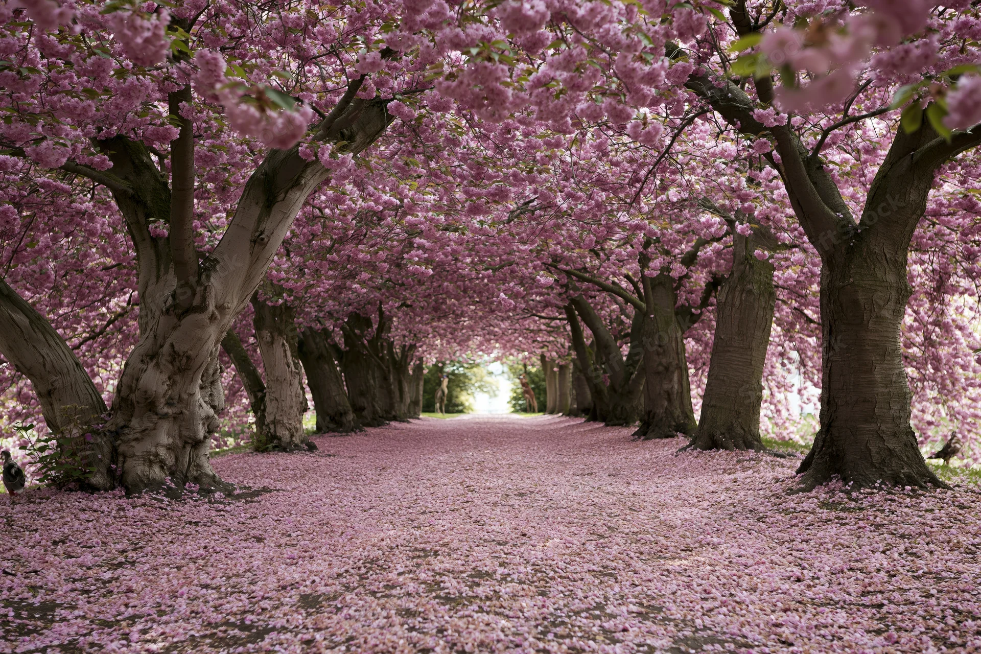 Cherry blossom trees in full bloom forming a tunnel over a pathway covered in fallen petals