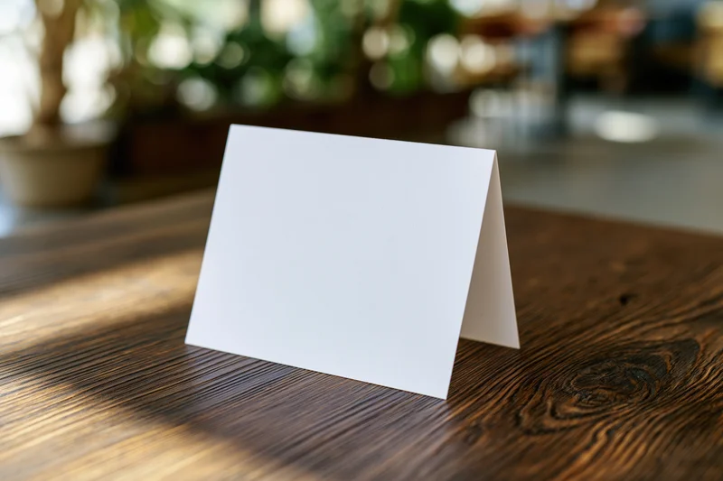 Blank white tent card standing upright on a wooden table in a restaurant setting