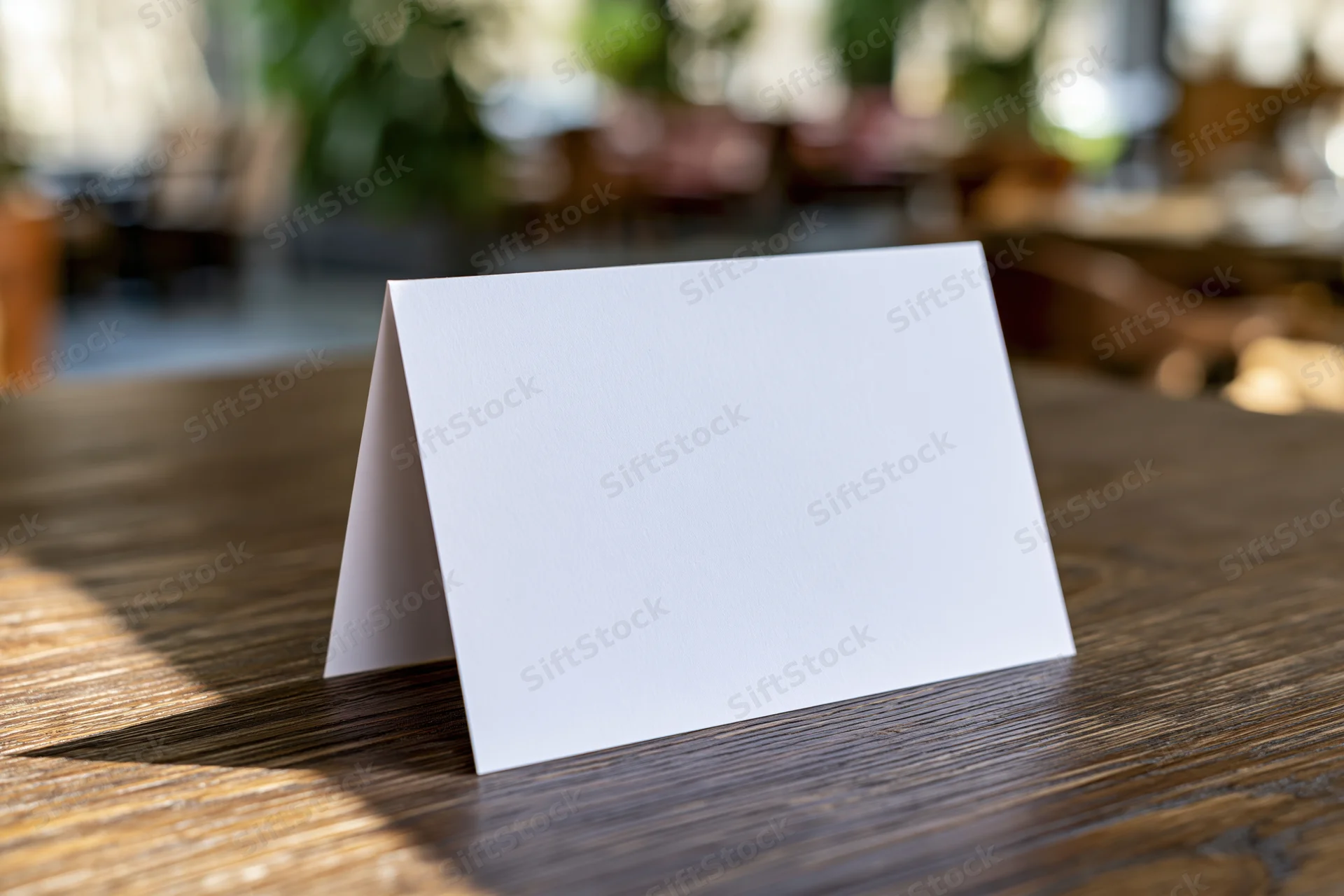 Blank white tent card standing upright on wooden table at event venue