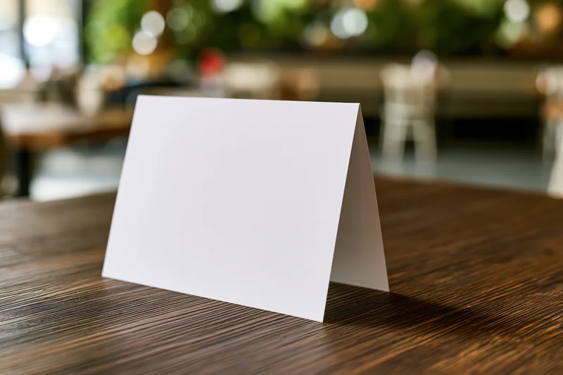 Blank white tent card standing upright on a wooden table in a restaurant dining area