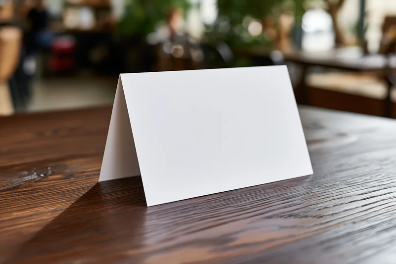 Blank white tent card standing upright on a wooden table in a restaurant setting