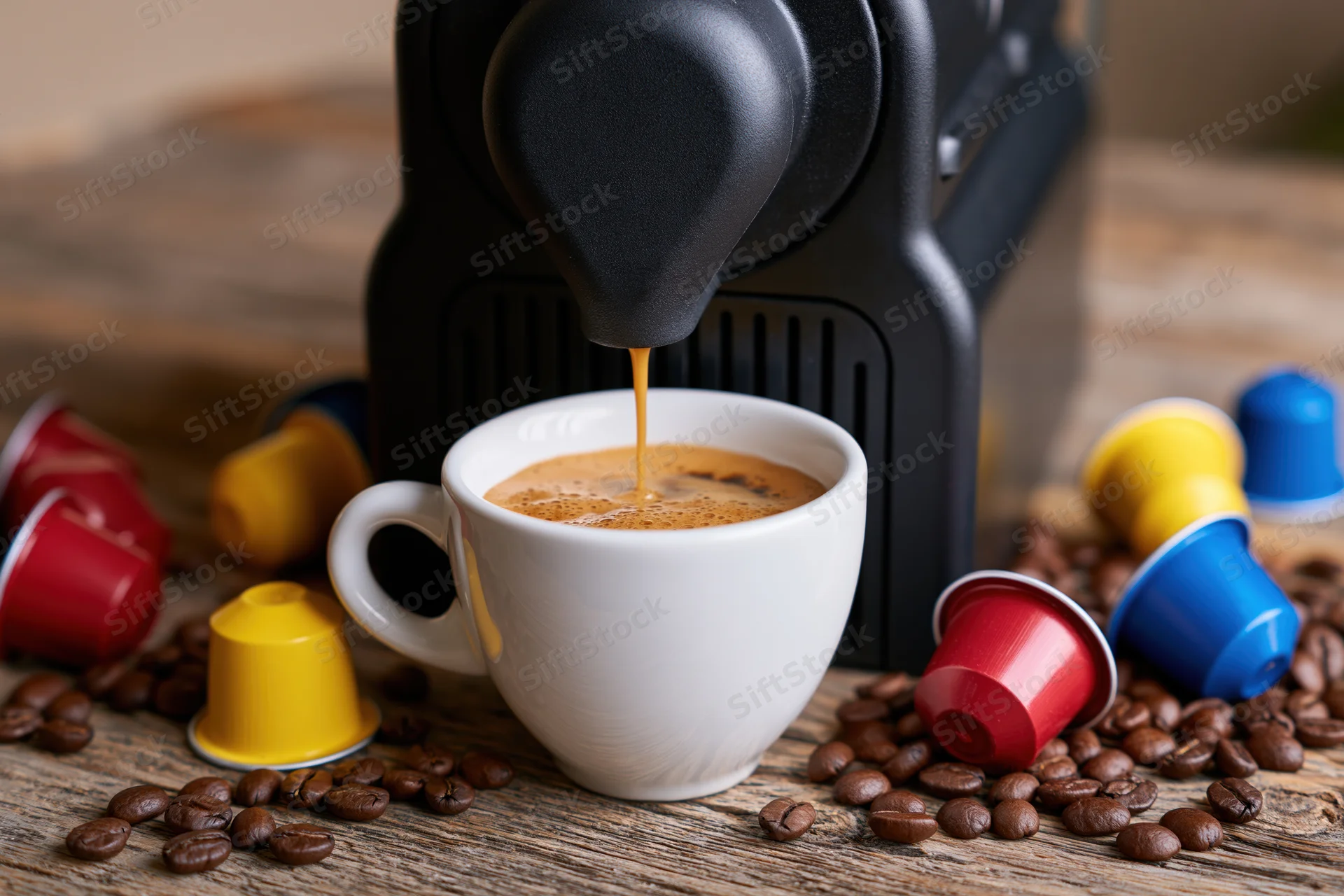 Espresso machine pouring coffee into a white ceramic cup on a wooden table surrounded by coffee beans and colorful capsules