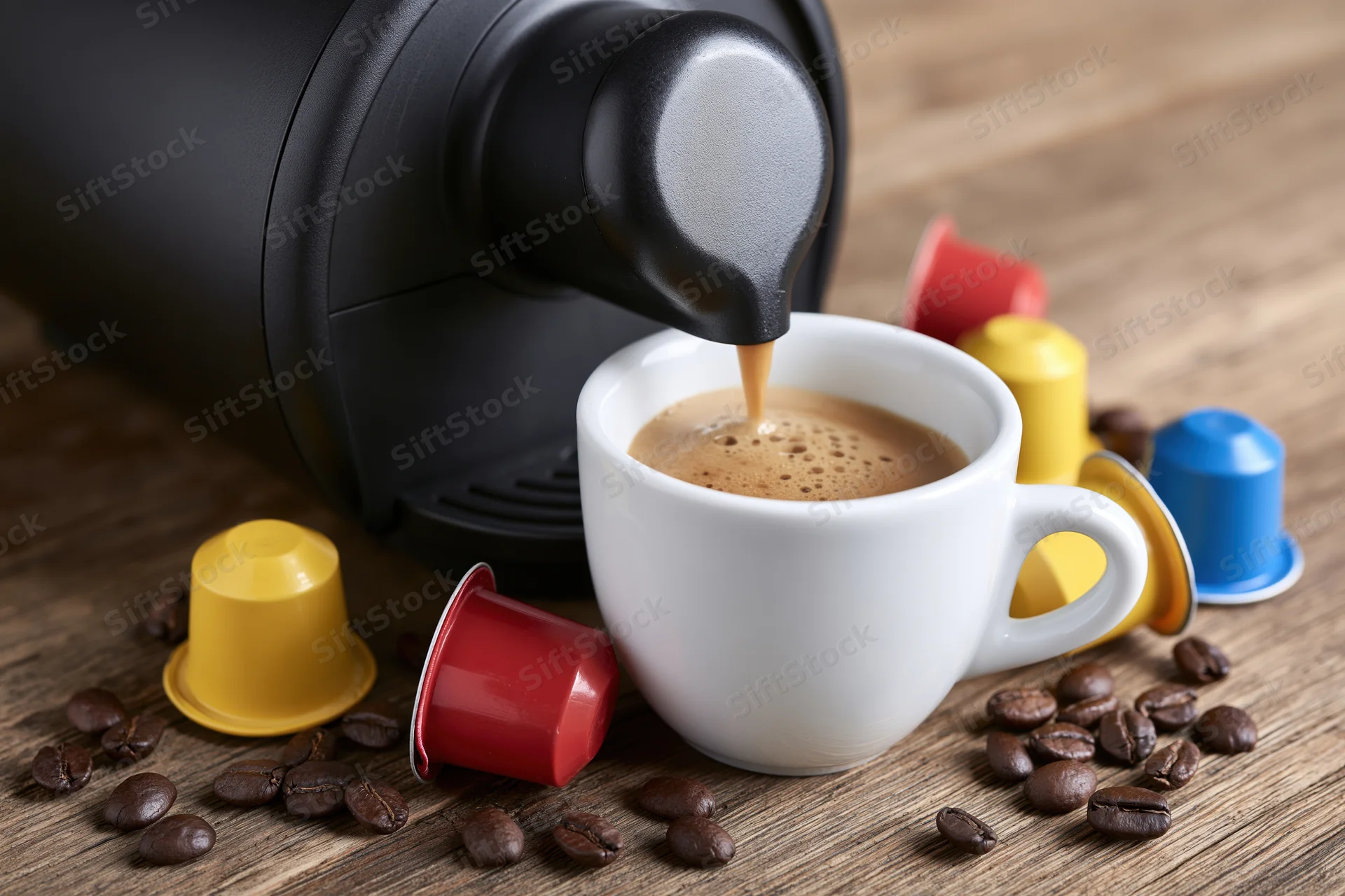 Coffee machine pouring espresso into a white ceramic cup on a wooden table surrounded by coffee capsules and beans