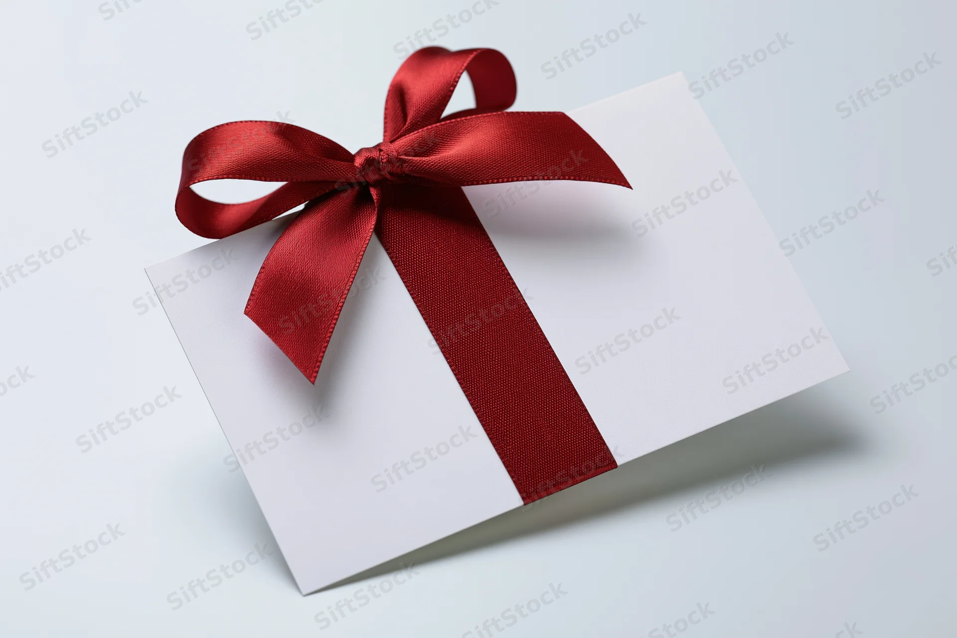 White gift card with red satin ribbon bow on light surface