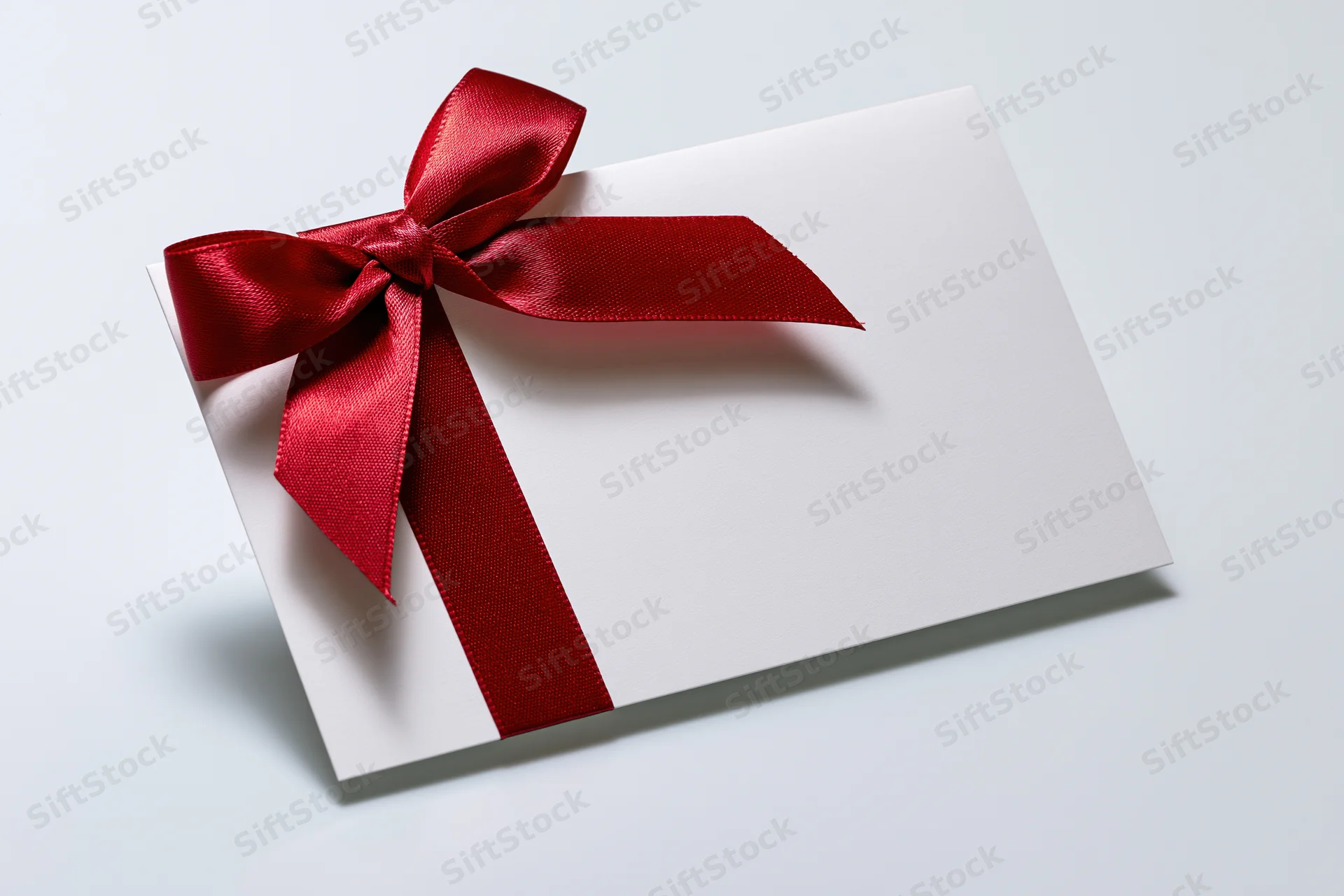 White gift card with red satin ribbon bow on light surface