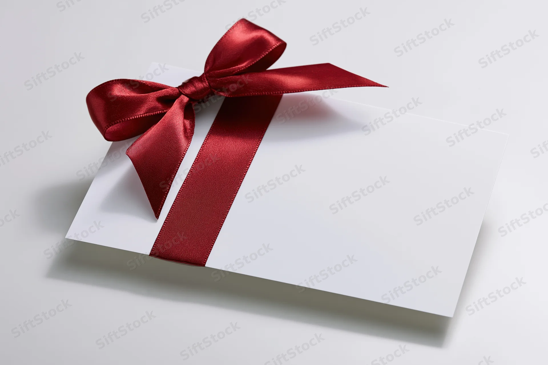 White gift card with red satin ribbon bow on light surface