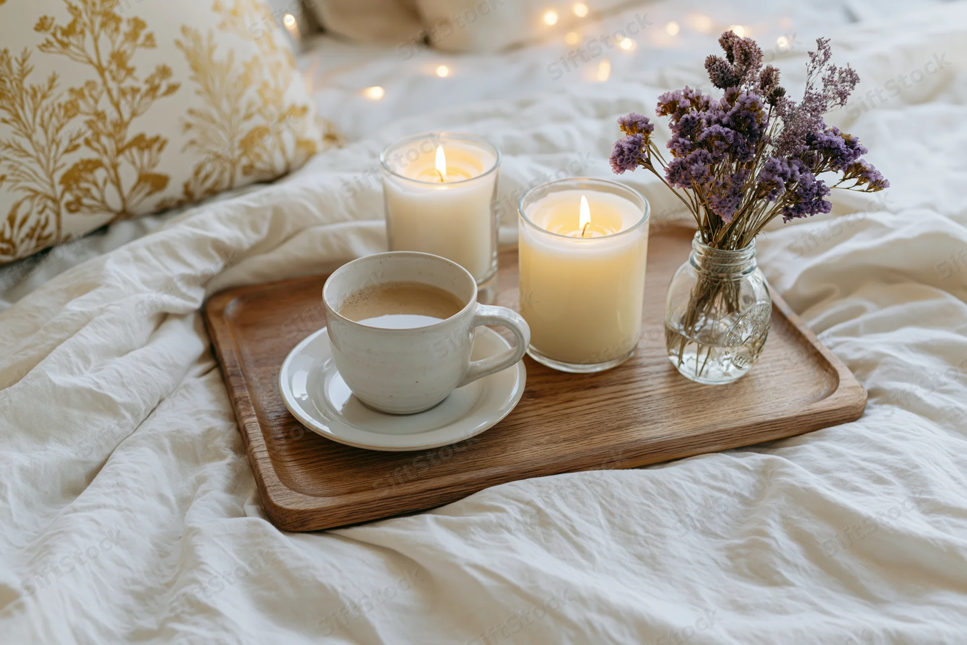 Wooden tray with coffee cup, candles and dried lavender on a bed