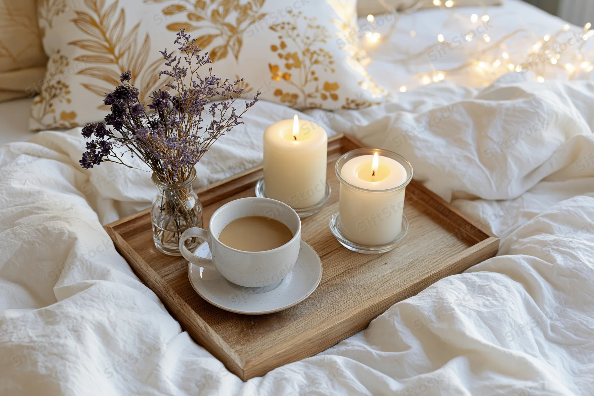 Wooden tray with coffee cup, candles, and dried lavender on a bed with white linens and string lights