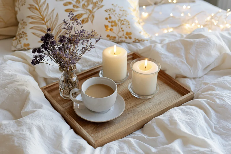 Wooden tray with coffee cup, candles, and dried lavender on a bed with white linens and string lights