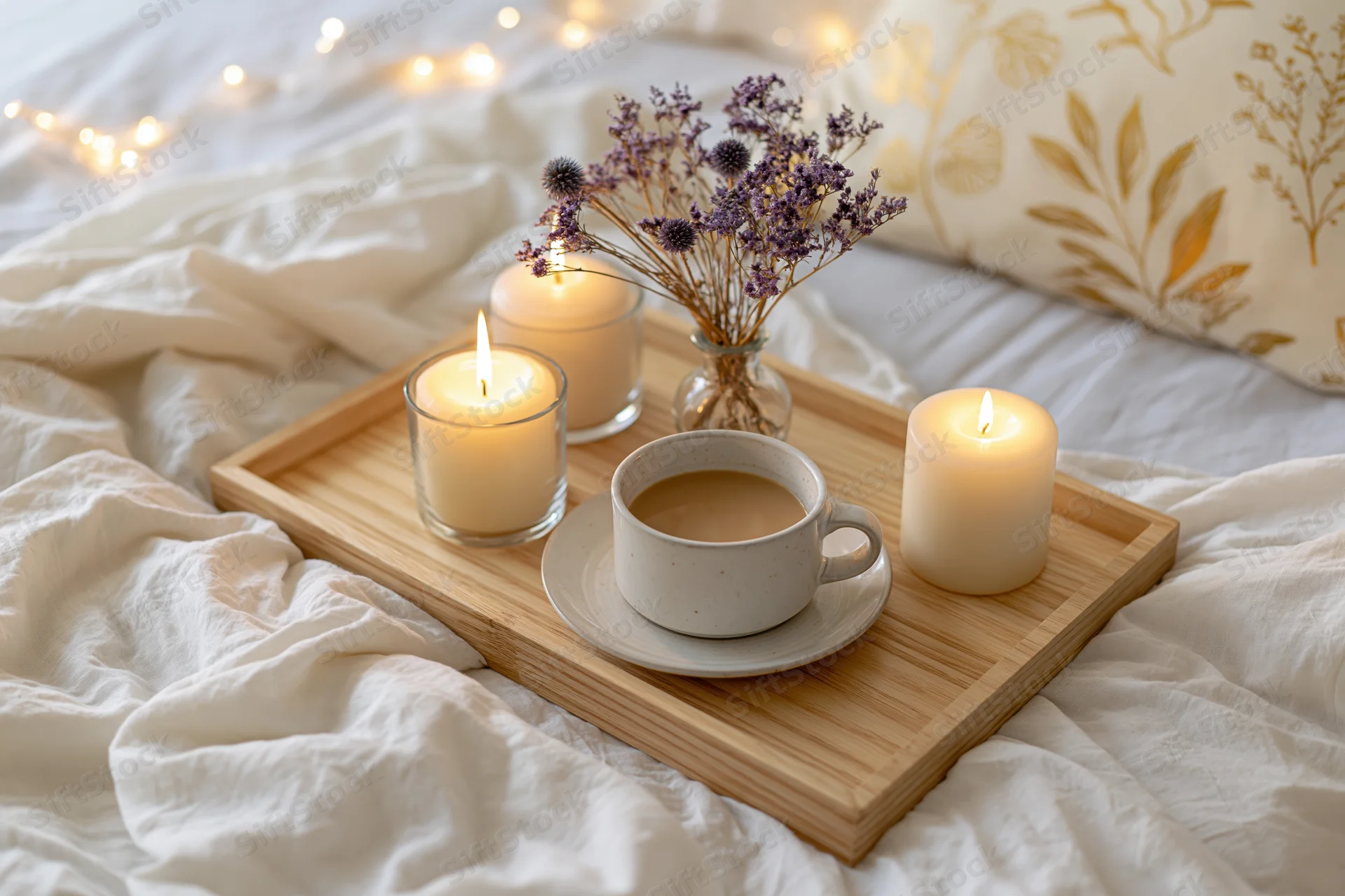 Wooden tray with coffee cup, candles and dried flowers on a bed