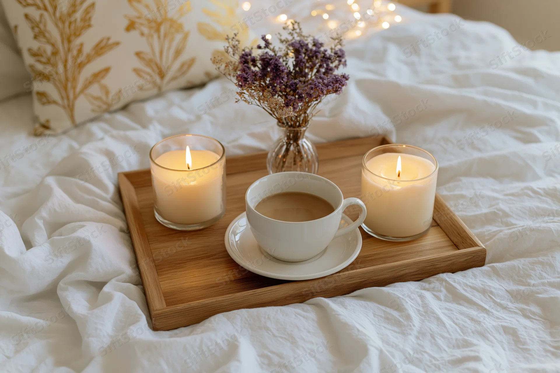 Wooden tray with coffee cup, candles and dried flowers on a bed