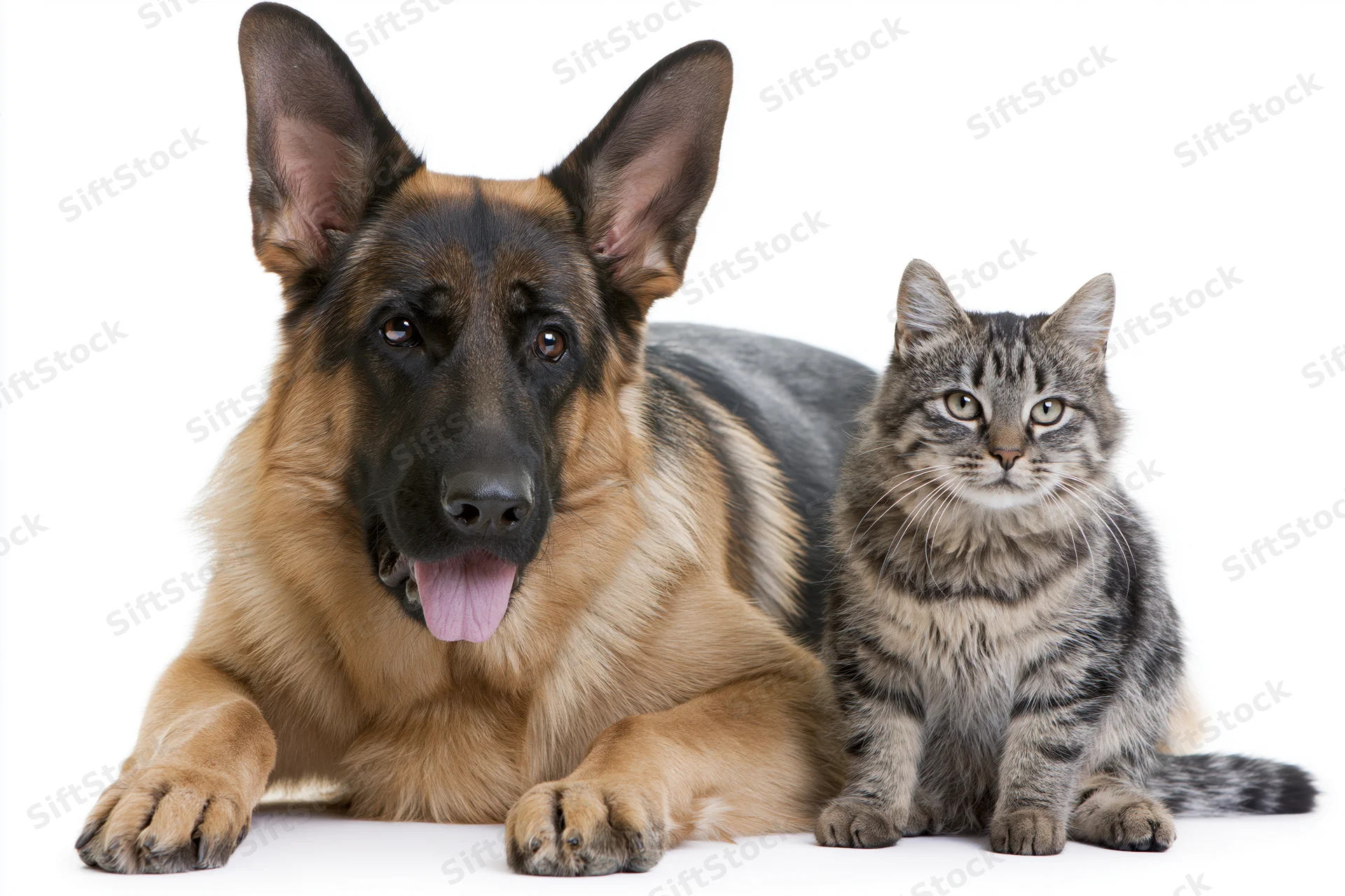 German shepherd dog lying beside a tabby cat on white background