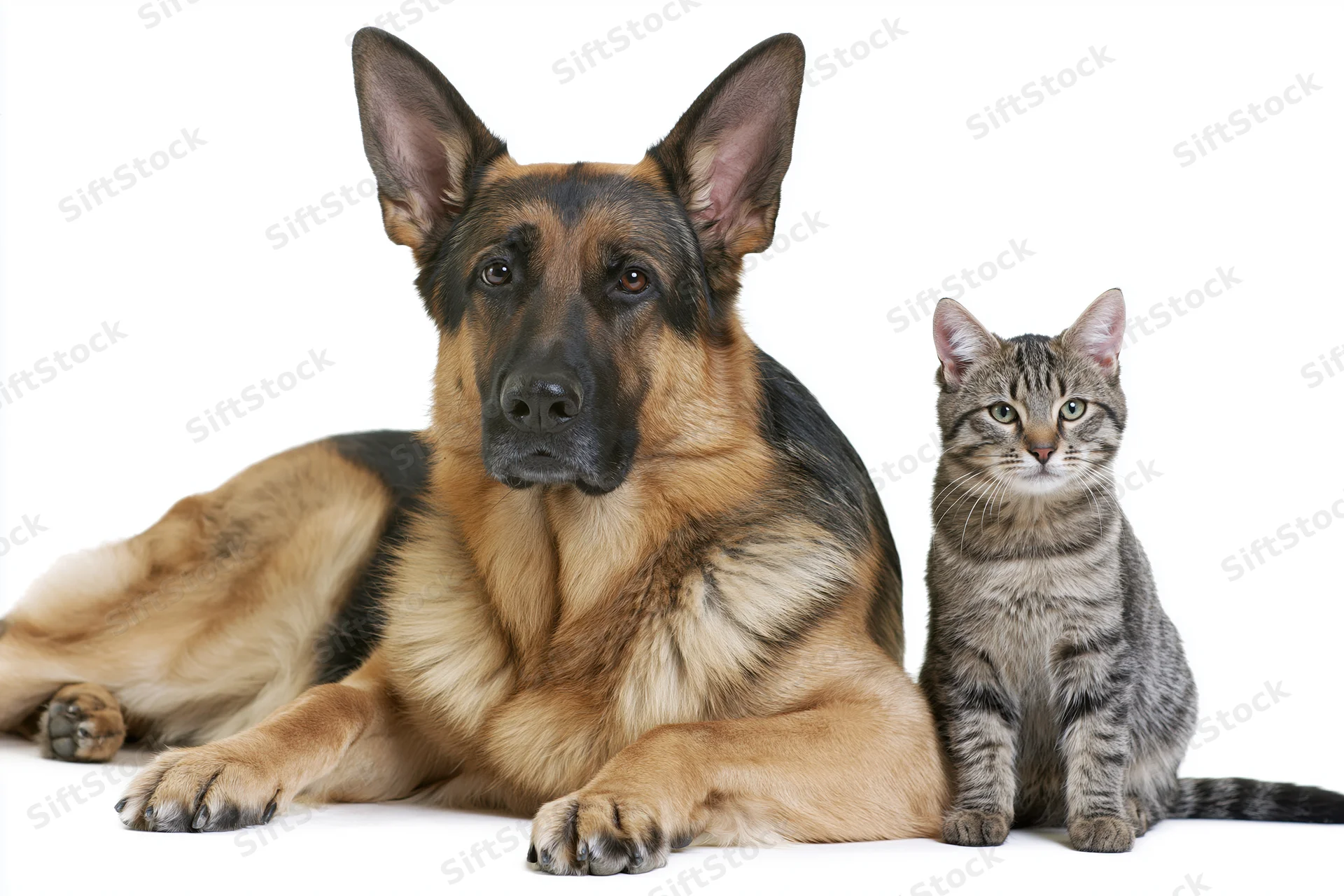 German shepherd dog lying beside a small tabby cat on white background