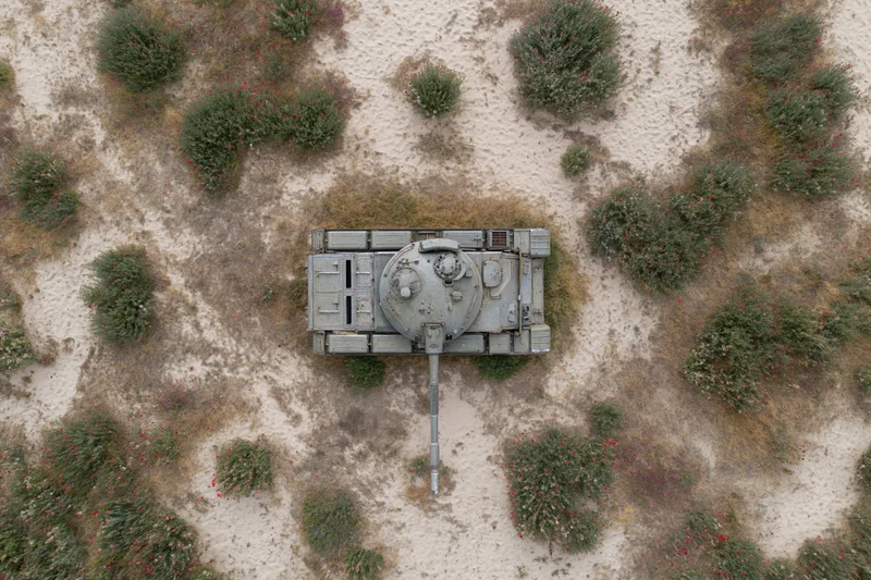 Aerial top-down view of a gray military tank on sandy desert terrain with scattered green shrubs and red flowers