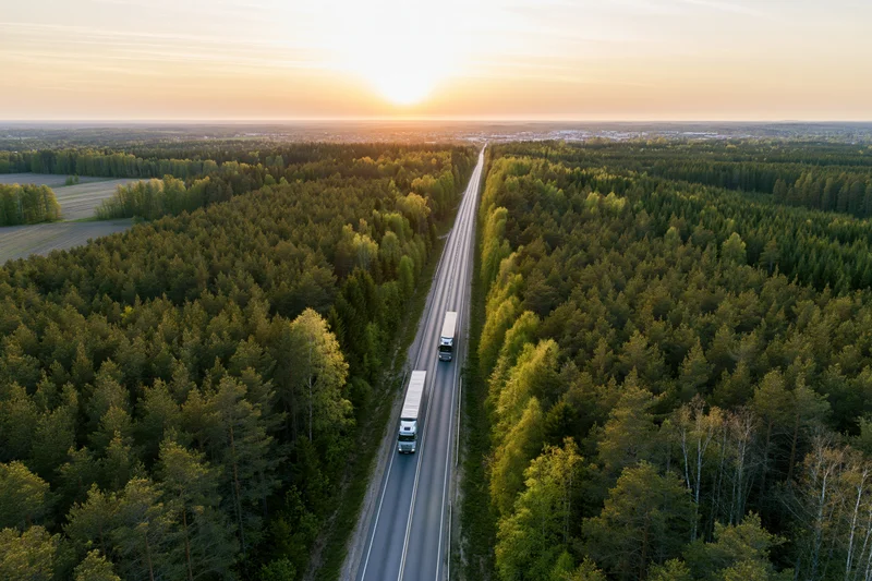 Aerial view of trucks driving on a straight highway through dense forest at sunset
